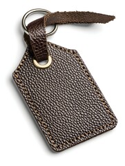 A brown leather keychain with a metal ring and a stitched border