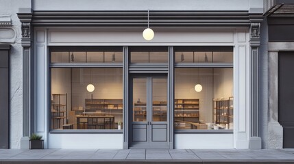 Classic storefront, lit interior, displaying goods