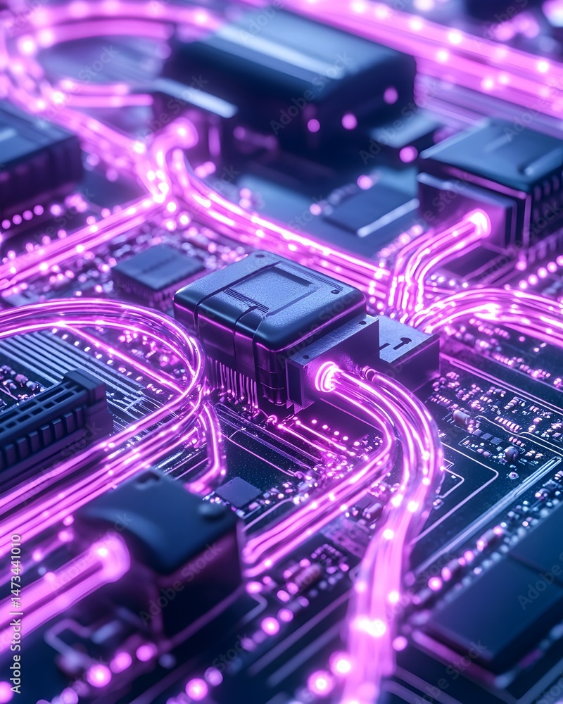 Poster a close-up of a circuit board with glowing purple wires connecting to a central processor