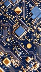 A close-up of a circuit board with gold connectors and blue chips