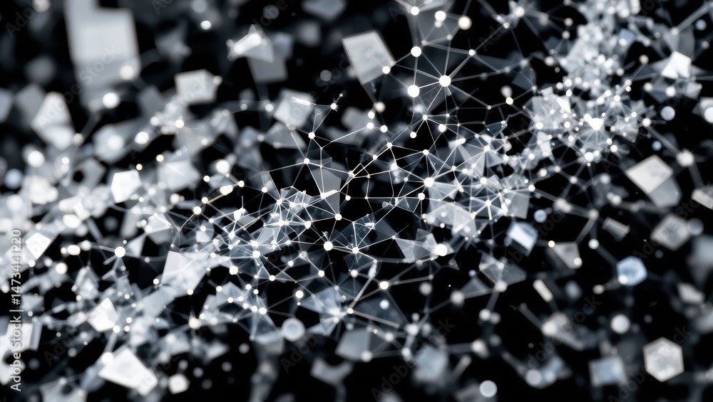 Poster abstract geometric network illustrating digital connections and sparkling particles on dark backgrou