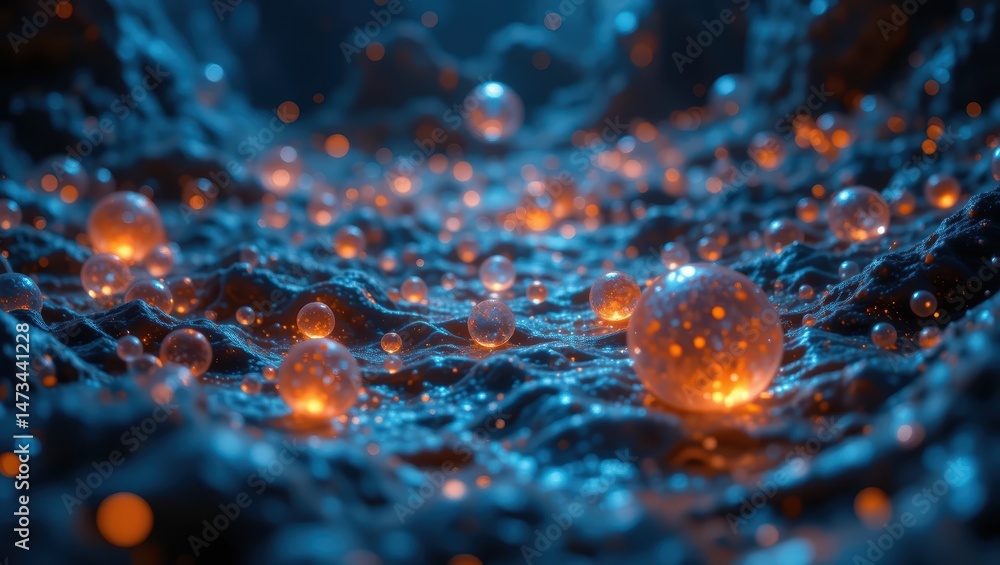 Poster abstract glow of orange bubbles in a three-dimensional texture with shimmering light effects