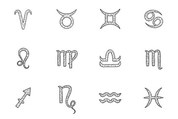 Set of twelve hand drawn zodiac signs in astrological wheel