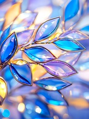 A close-up of a delicate branch adorned with iridescent blue and purple leaves, capturing the play of light and shadow