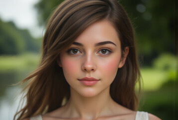 Beautiful young woman with long brown hair and expressive eyes looking directly at the camera outdoors
