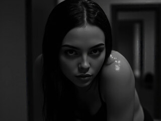 Intense black and white portrait of a young woman with a serious expression and wet hair