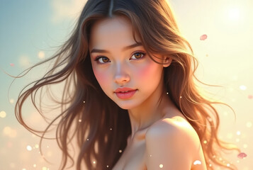 Beautiful young woman with long wavy hair bathed in golden sunlight and gentle bokeh lights