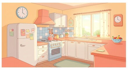 Kitchen with clock, fridge, stove and fruits