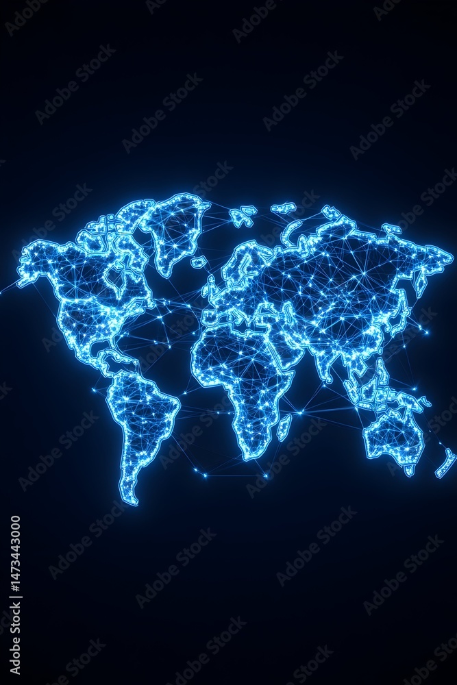Poster a glowing blue outline of the world map with interconnected lines representing global connectivity
