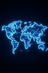 A glowing blue outline of the world map with interconnected lines representing global connectivity