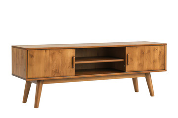 A wooden media console with doors and shelves on transparent background png