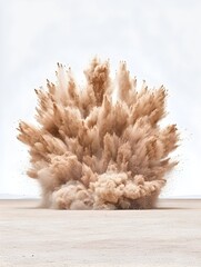 A large, tan dust cloud erupts upwards against a white background