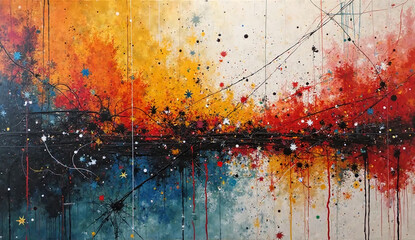 Vibrant abstract watercolor painting with splatters and lines evoking a colorful energetic and reflective landscape