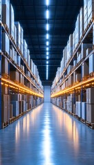 Fototapeta premium A long, empty aisle in a warehouse with rows of stacked cardboard boxes on shelves lit by fluorescent lights