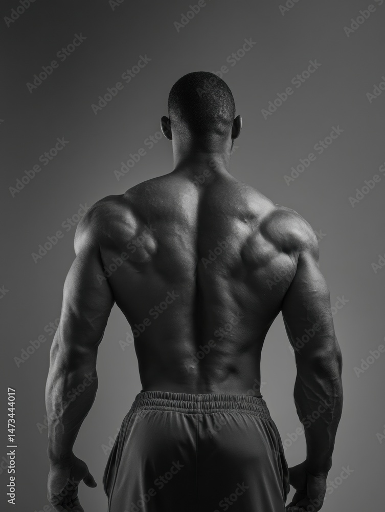 Poster flexed back muscles showcased in black and white highlighting strength and definition during a fitne