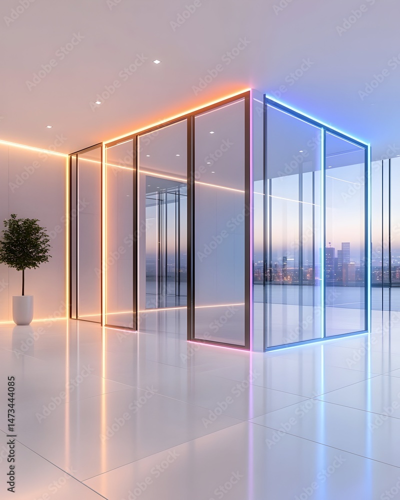 Poster a minimalist office space with floor-to-ceiling windows and colorful led lighting around the perimet