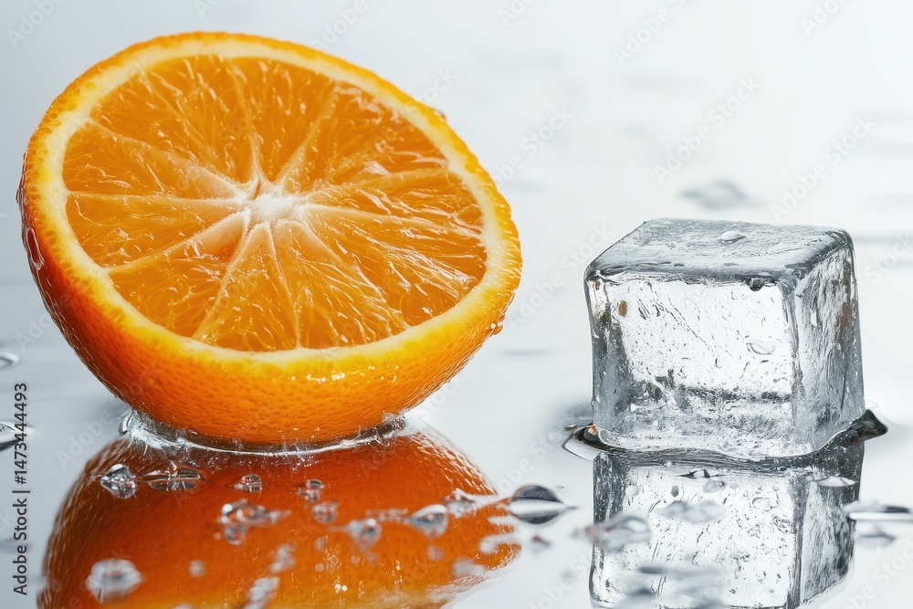 Poster refreshing half orange with ice cube on reflective surface showcasing vibrant colors and cool textur