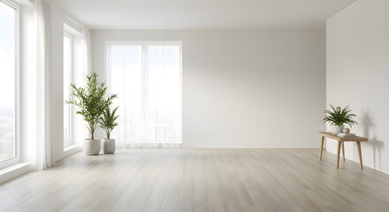 Fototapeta premium Minimalist Room with Plants: a modern and bright interior space is bathed in natural light, with a collection of potted plants that bring a touch of greenery and life to the space.