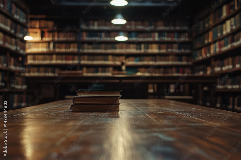 Poster library table with books surrounded by shelves in cozy reading space during timelapse, books on a ta