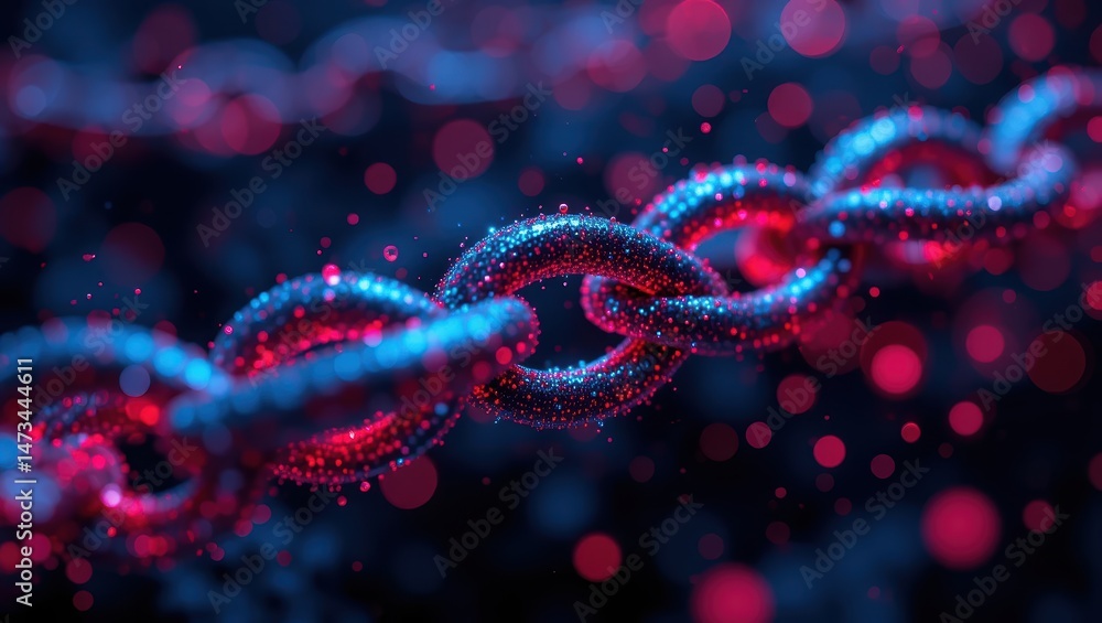 Poster close-up of metallic chain links with vibrant colors and sparkling light effects in abstract backgro