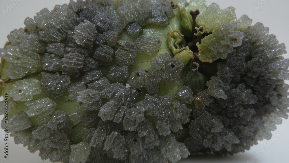 Poster close-up of intricate green crystals and textured surface showcasing unique geometric patterns