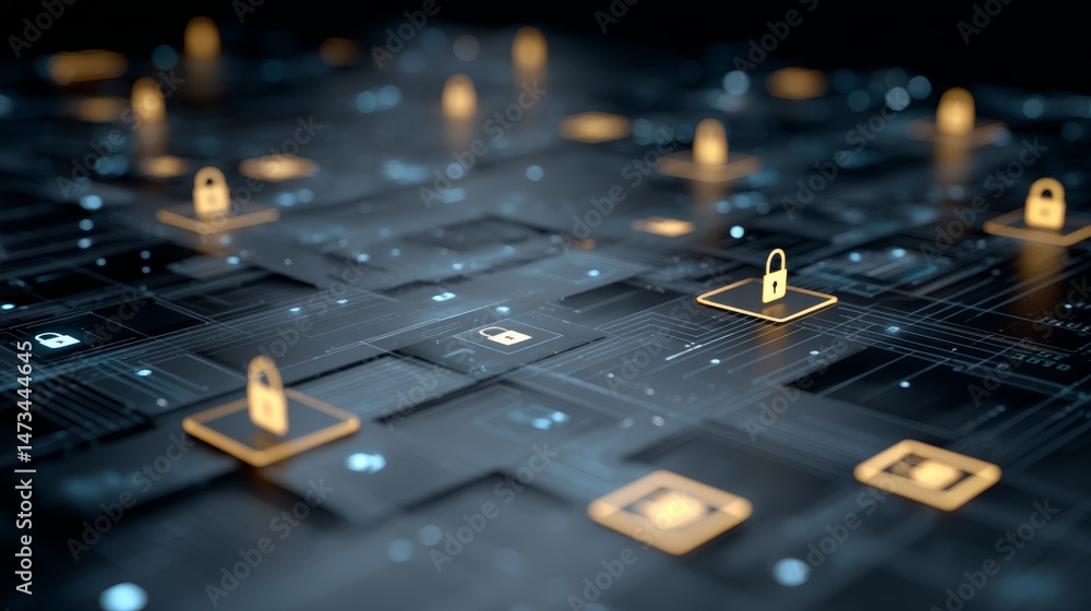 Poster Glowing lock icons appear throughout a digital firewall interface surrounded by data streams, emphasizing cybersecurity protection against potential threats