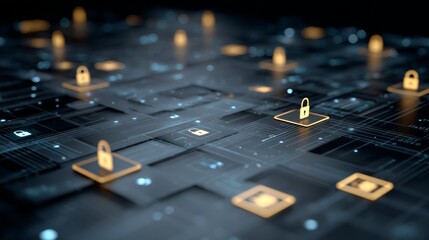 Glowing lock icons appear throughout a digital firewall interface surrounded by data streams, emphasizing cybersecurity protection against potential threats