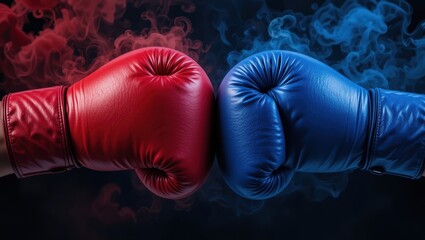 Close Up of Red and Blue Boxing Gloves Clashing in Smoke During Intense Competition