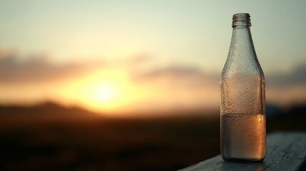 Close-up of a frosted glass bottle with condensation against a warm amber bokeh backdrop at sunset, evoking a sense of cool refreshment and relaxation