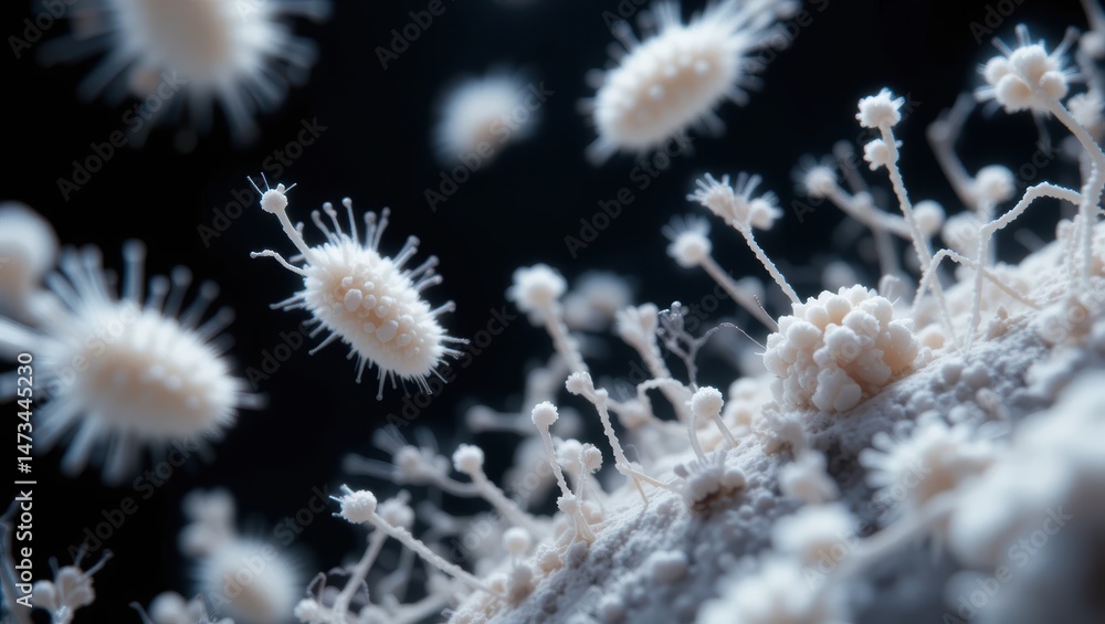 Poster close-up view of microorganisms in a lab context with detailed textures and organic forms