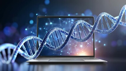 Digital DNA helix slowly rotates in front of a laptop screen glowing with blue and purple light, symbolizing genetic engineering. Background for news or advertisement. - Powered by Adobe