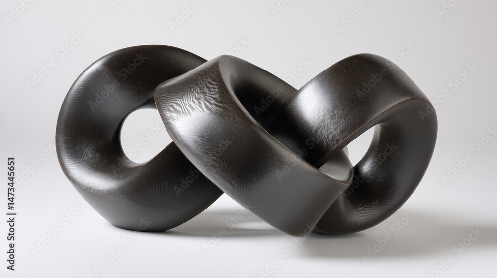 Poster smooth polished black sculpture showcases a looping knot design, creating an elegant visual against 