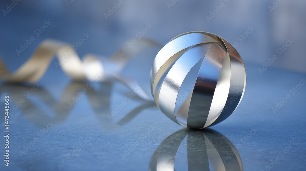 Poster a shiny chrome orb with a silver ribbon-like band rests on a glossy black base, reflecting soft ambi