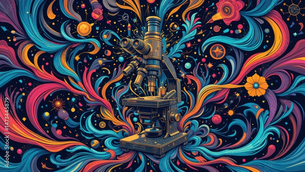 Poster colorful abstract illustration featuring a microscope surrounded by swirling patterns and shapes