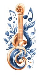 A stylized illustration of a cello with swirling blue and orange paint and musical notes surrounding it