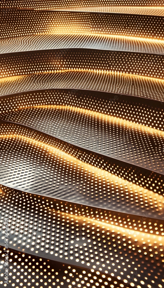 Poster a textured metal surface with a series of curved lines illuminated by a pattern of small lights