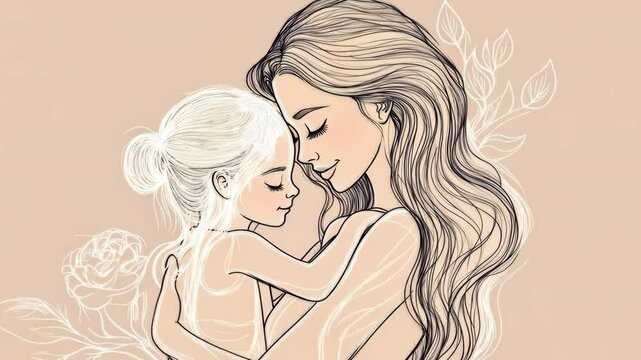 The Warmth of a Mother's Embrace. Mother's Day. Elegant line art of mother embracing daughter, celebrating love and bond for mother's day concept.