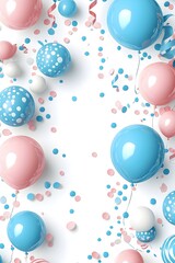 A vertical arrangement of pink and blue balloons, white polka dot balloons, white confetti and pink and blue streamers on a white background