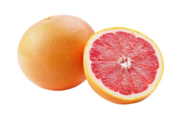 A whole grapefruit and a half grapefruit showing the red flesh on transparent background png