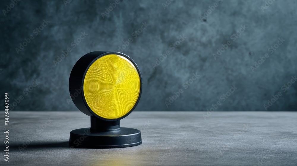 Poster Glowing yellow signal light illuminates a matte black stand, creating a dynamic contrast on a smooth charcoal surface, perfectly capturing vibrant clarity