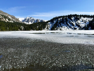 Frozen lake with snow-covered mountains and pine forest under blue sky