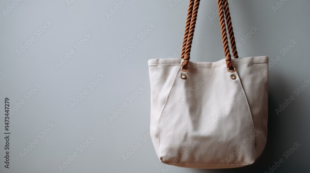 Poster captured from a high angle, this close-up shows a beige reusable tote bag with woven handles on a wh