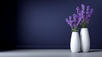 Two sleek white vases filled with blooming lavender sprigs are displayed against a navy background, showcasing their elegance with soft and inviting lighting