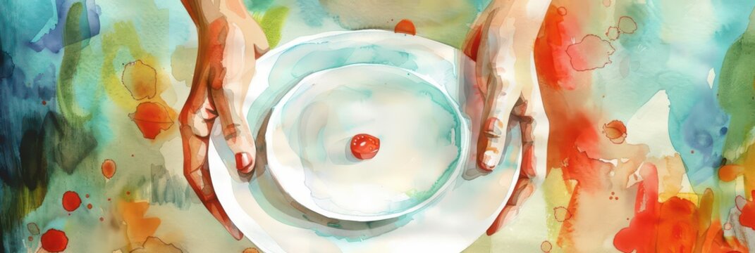 World eating disorders day concept with plate and single cherry. Mental disorder, anorexia, bulimia. Mental health problem. World Hunger Day. Copy space