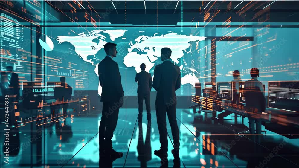Poster a futuristic cyber security workspace where a team analyzes data and monitors global threats in a hi