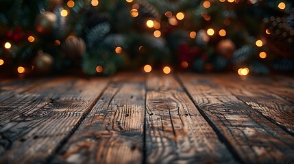 Rustic Wooden Table with Festive Christmas Tree Lights in the Background