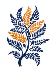 An intricate illustration of a stylized plant with blue and orange leaves on a white background
