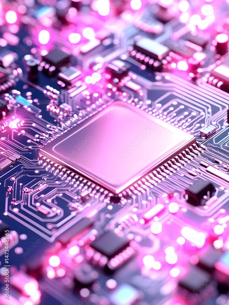 Poster close-up of a pink-hued processor chip on a circuit board, with surrounding glowing components