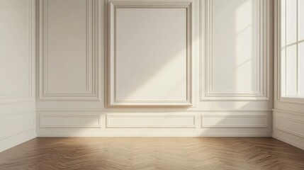 Fototapeta premium Empty, sunlit room with ornate trim and hardwood floors