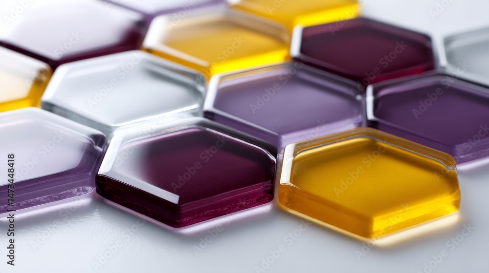 Poster this artwork features an intricate mosaic of interlocking hexagons in rich purple and yellow colors,